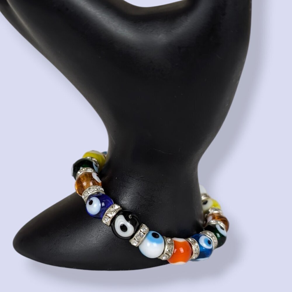 Colourful 10mm Glass Eye Beaded Stretch Bracelet